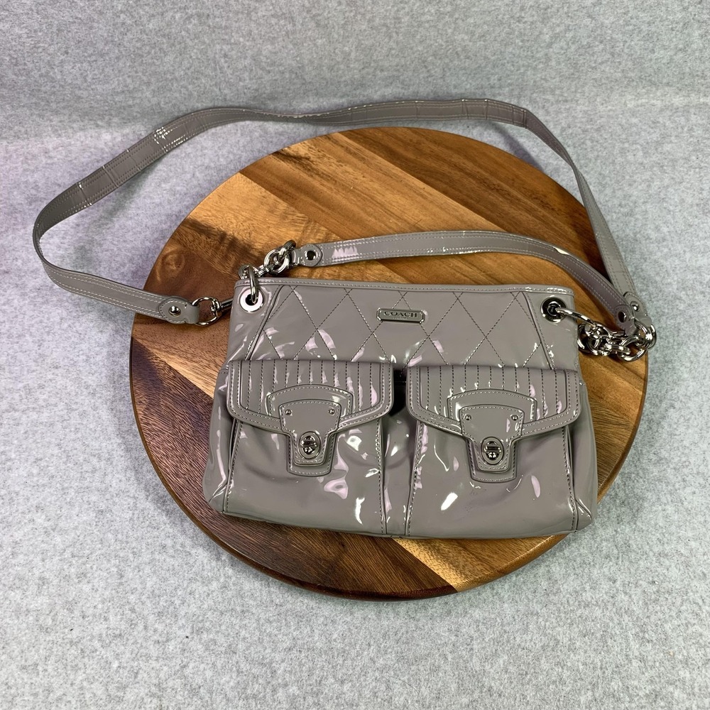 Coach Liquid Gloss Poppy Grey Quilted Leather Handbag Convertible Turnlock Strap